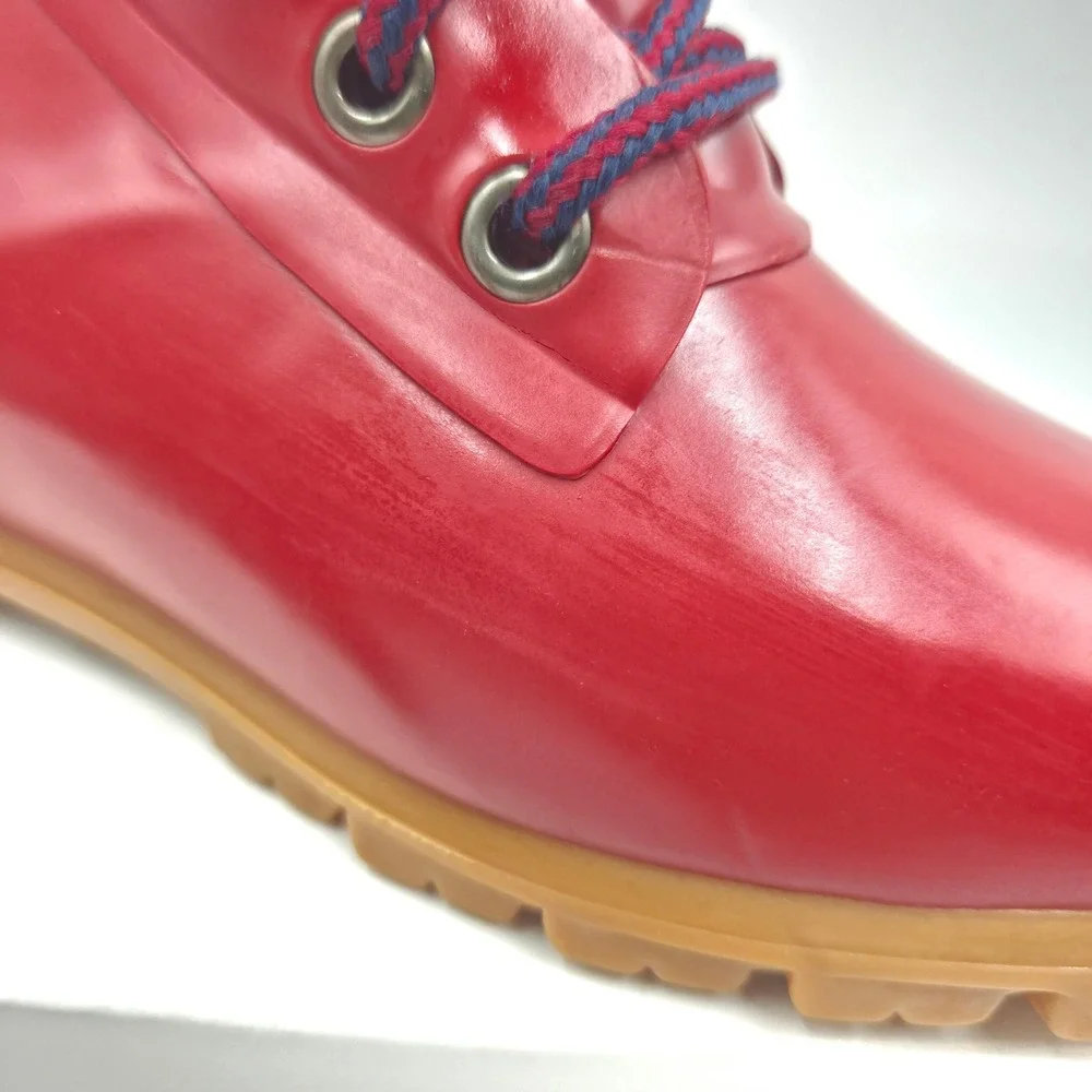 Vintage 90s Lands End Red Rubber Rain Boots Women 6 Lace Up Ankle Gum Sole 39422